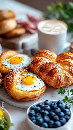 Assorted pastries and fruits on table, highlighting detailed breakfast setting.