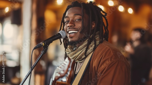 Handsome African American man singing and playing guitar in a nightclub