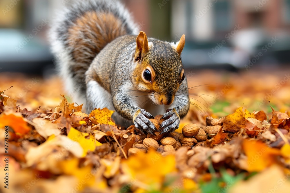 Squirrel digging through a pile of leaves, uncovering a hidden stash of nuts Squirrel digging through a pile of leaves, uncovering a hidden stash of nuts