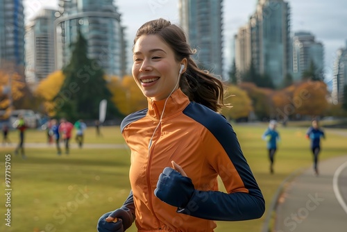 Runner in orange jacket with earphones gives thumbs-up on a city park path at dusk.