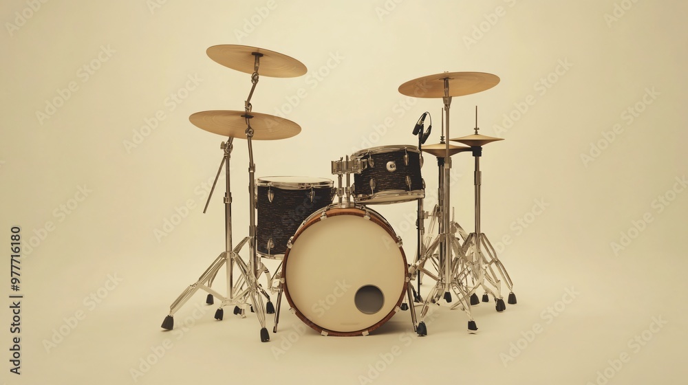 A realistic image of a drum kit featuring various percussion instruments, emphasizing the textures and colors against a soft, light backdrop
