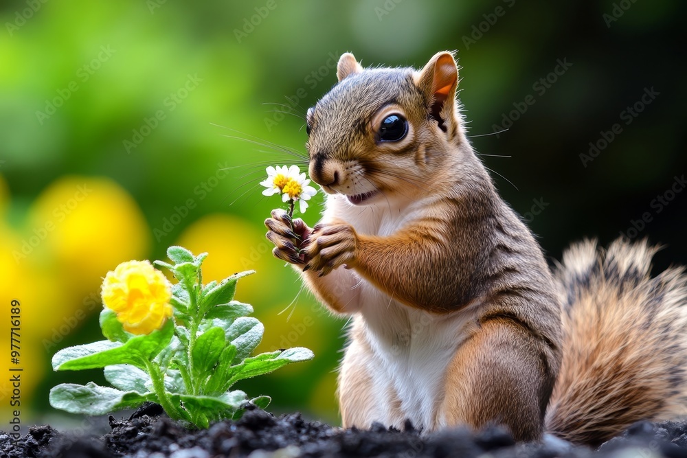 Squirrel holding a tiny flower, appearing to smell it while sitting in a garden Squirrel holding a tiny flower, appearing to smell it while sitting in a garden