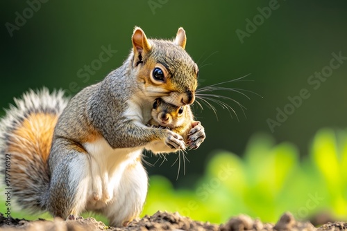 Squirrel mother carrying a baby squirrel in her mouth, relocating it to a safer nest