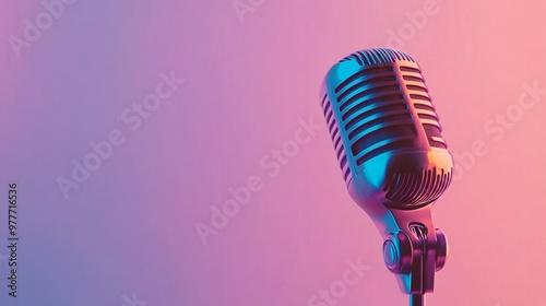 A professional studio microphone positioned against a light pastel background, capturing the essence of sound recording photo