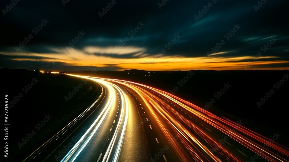 A long exposure shot of a highway, capturing the light trails of moving cars and the smooth, blurred lines of traffic against a dark, night sky. A long exposure shot of a highway, capturing the light trails of moving cars and the smooth, blurred lines of traffic against a dark, night sky.