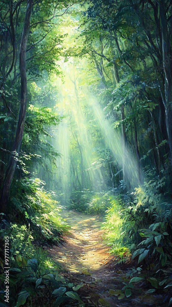 Obraz premium A sunlit forest pathway with rays of sunlight filtering through the canopy, evoking a sense of peace