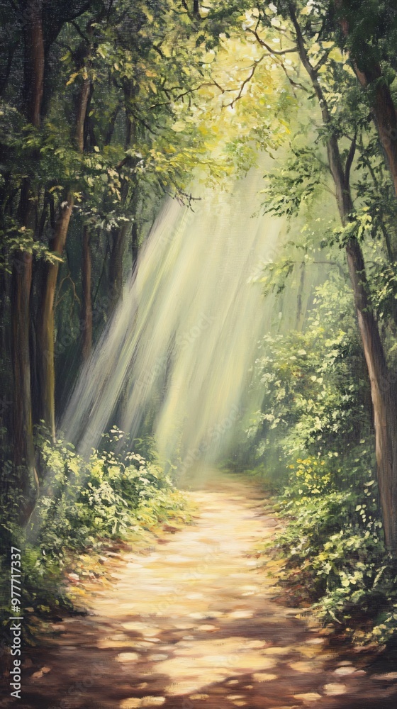A sunlit forest pathway with rays of sunlight filtering through the canopy, evoking a sense of peace A sunlit forest pathway with rays of sunlight filtering through the canopy, evoking a sense of peace