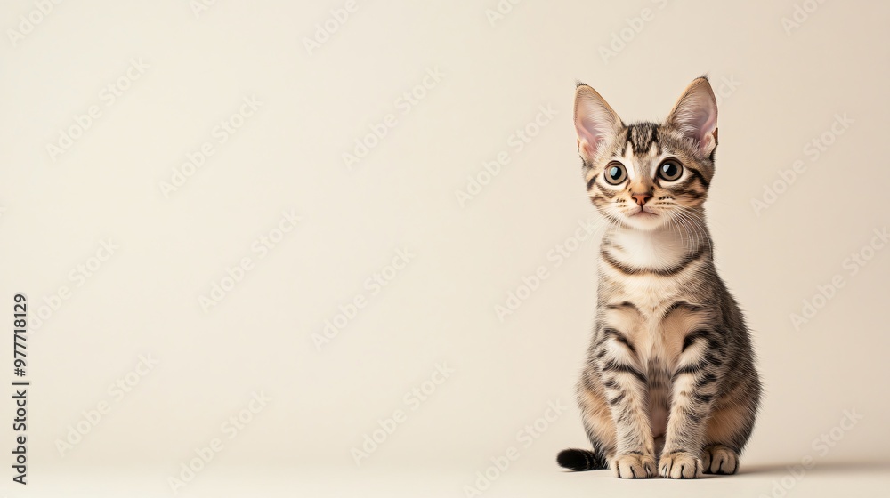 A playful bobtail cat with large expressive eyes sitting on a light solid color background