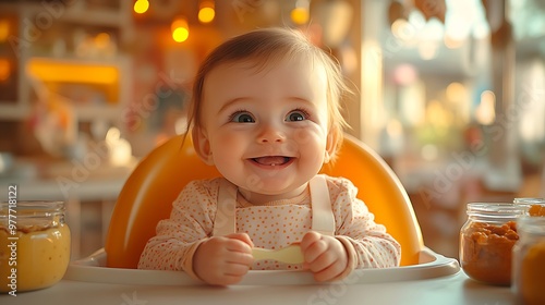 Adorable baby girl smiles while sitting in a high chair with jars of baby food. photo