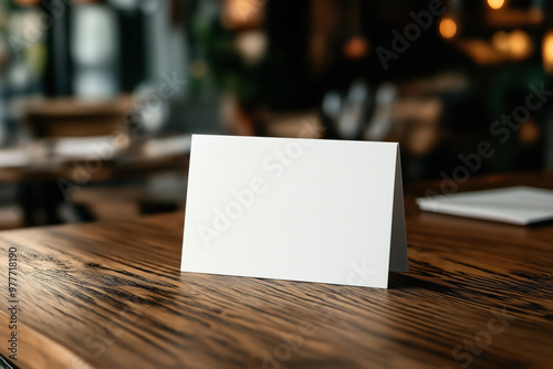 Blank white table tent card mockup standing on a wooden table in a cozy restaurant setting, perfect for adding custom text or design for promotional purposes. photo