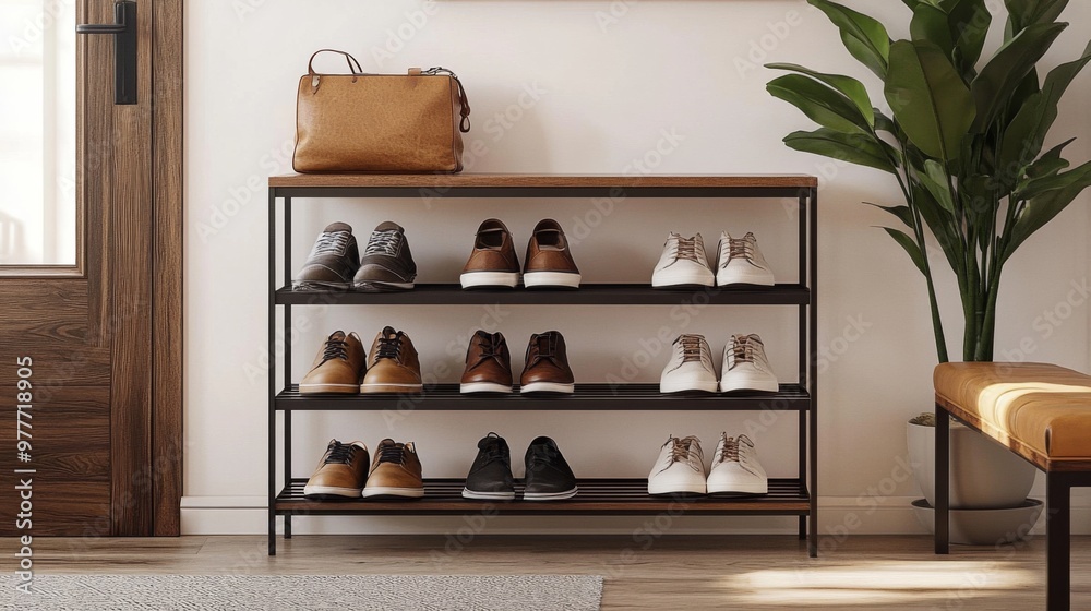 A modern entryway featuring a sleek shoe rack with a combination of leather shoes and casual sneakers, accented by a potted plant and a bench. A modern entryway featuring a sleek shoe rack with a combination of leather shoes and casual sneakers, accented by a potted plant and a bench.