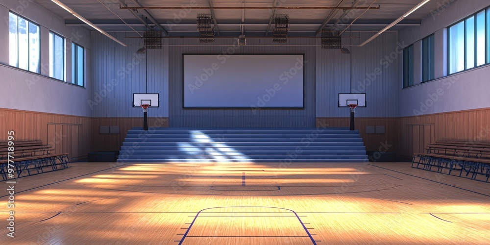 Fototapeta premium Empty basketball court with wooden floor and large projector screen.