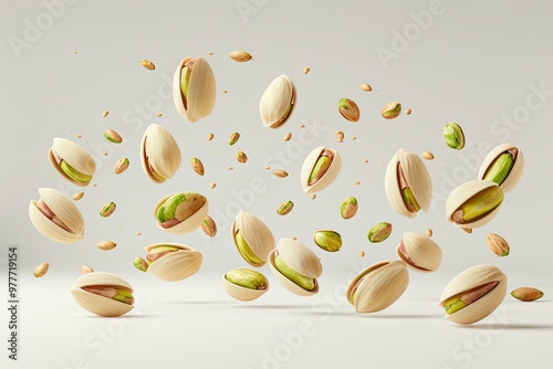  set of flying pistachio nuts on a white background. 
