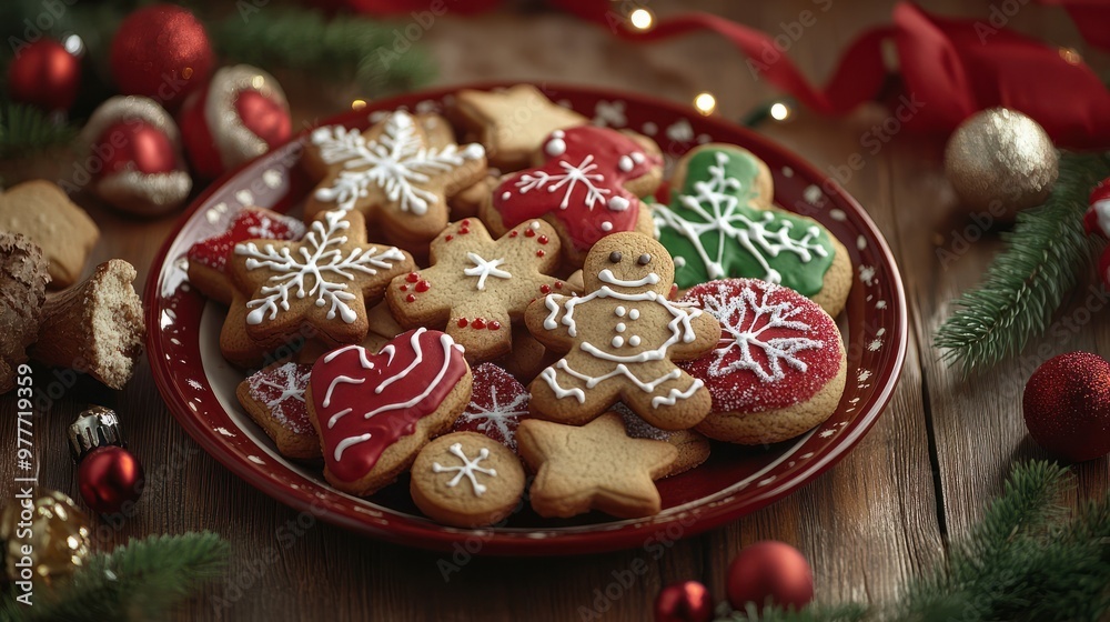 A festive holiday platter filled with an assortment of beautifully decorated Christmas gingerbread cookies. The platter on a rustic wooden table adorned with Christmas decorations for a warm A festive holiday platter filled with an assortment of beautifully decorated Christmas gingerbread cookies. The platter on a rustic wooden table adorned with Christmas decorations for a warm