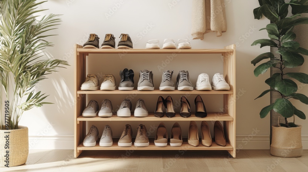 A modern wooden shoe rack neatly organized with various types of shoes--sneakers, heels, and sandals--placed in a minimalist entryway with soft natural lighting. A modern wooden shoe rack neatly organized with various types of shoes--sneakers, heels, and sandals--placed in a minimalist entryway with soft natural lighting.
