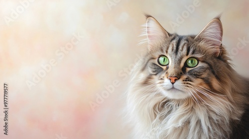 A close-up of a longhair cat with striking green eyes, framed by its flowing coat against a light pastel background