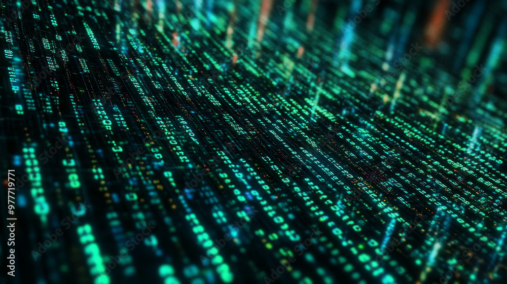 Programming script. Coding or hacker-themed backdrop. Icon of programming code created from binary digits. Digital binary information and flowing digital code. Matrix-style background with numeric.