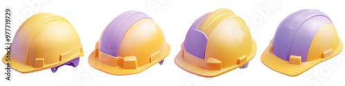 Collection Of Construction Helmets In Yellow And Purple For Safety Awareness In Building Environments, Isolated On Transparent Png Background. Generative Ai photo