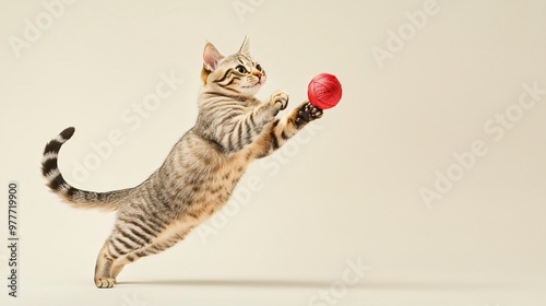 A playful American cat chasing after a ball of yarn, its paws stretched out in mid-air, creating a lively scene on a light solid color background
