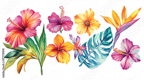 Watercolor Tropical Flowers and Leaves