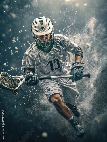 A lacrosse player in action, promoting lacrosse equipment in a dynamic sports advertisement photo