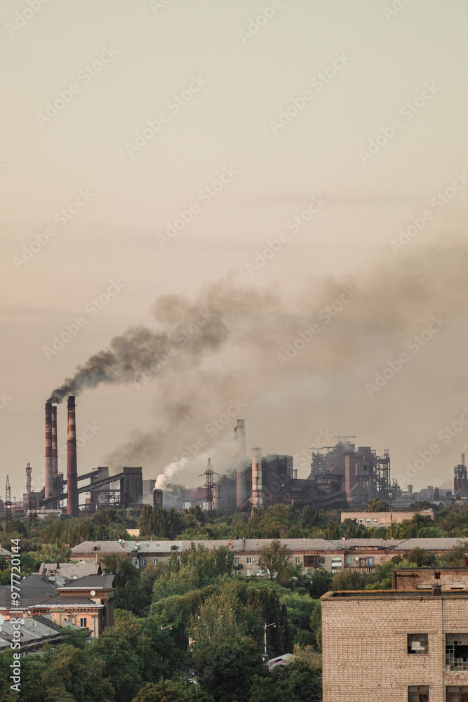 Industrial smoke emission from factory chimneys. Zaporozhye, Ukraine. The concept of the problem of protecting the environment. Air pollution. Industrial smoke emission from factory chimneys. Zaporozhye, Ukraine. The concept of the problem of protecting the environment. Air pollution.