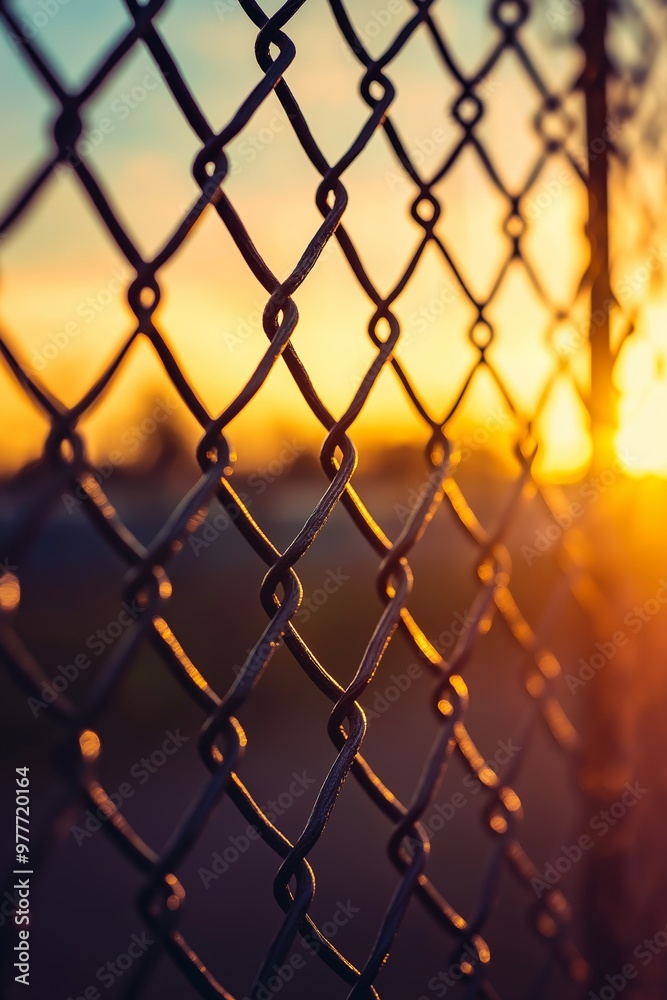 Fototapeta premium A chain-link fence viewed from close-up, silhouetted against the soft golden tones of a sunset with a blurred backdrop.