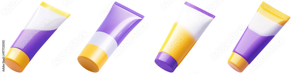 Collection Of Sunscreen Tube With Purple And Yellow Designs For Sun Protection Themes, Isolated On Transparent Png Background. Generative Ai Collection Of Sunscreen Tube With Purple And Yellow Designs For Sun Protection Themes, Isolated On Transparent Png Background. Generative Ai