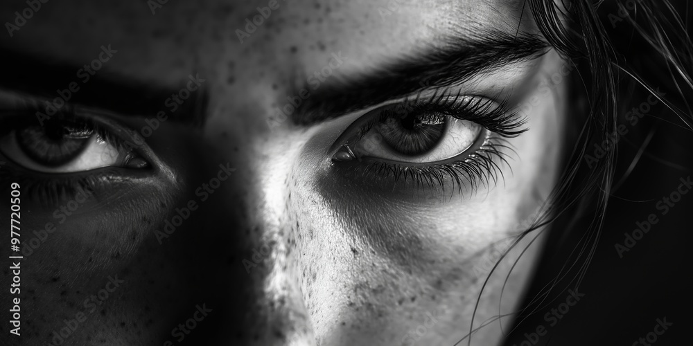 A dramatic black-and-white close-up of intense eyes staring directly, conveying strong emotions and determination. A dramatic black-and-white close-up of intense eyes staring directly, conveying strong emotions and determination.