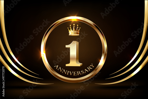 Celebrating 1 years anniversary logo with golden ring and ribbon, laurel wreath vector design.