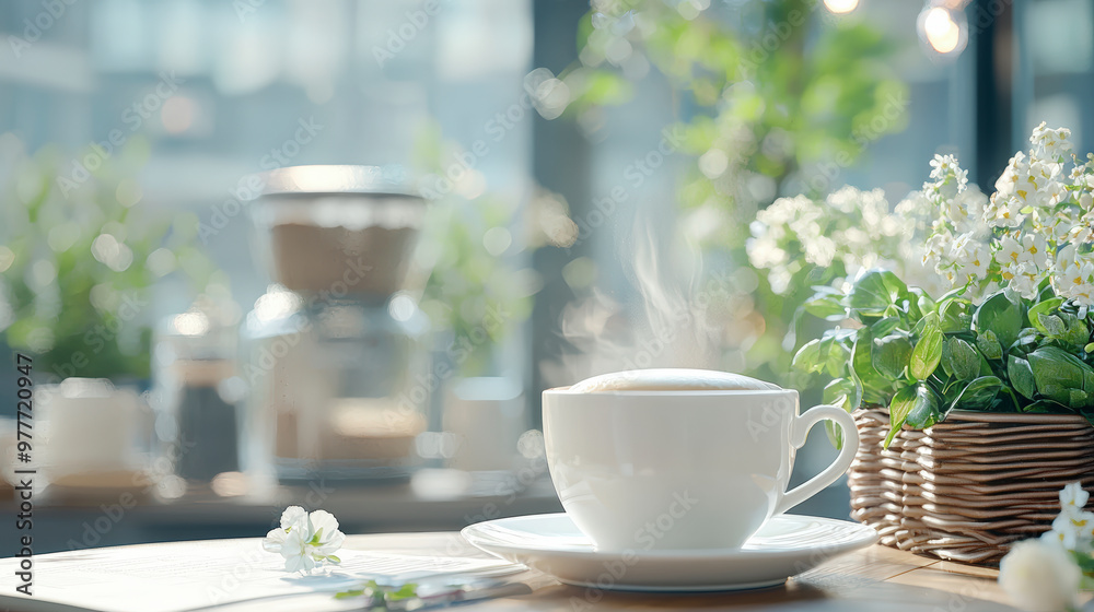 A steaming cup of coffee sits on a table surrounded by lush green plants and blooming white flowers, creating a serene and cozy atmosphere. A steaming cup of coffee sits on a table surrounded by lush green plants and blooming white flowers, creating a serene and cozy atmosphere.