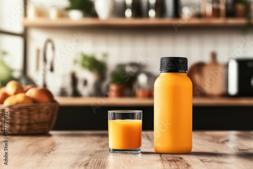 The image shows a mockup of an orange juice bottle and a glass of orange juice placed on a wooden kitchen countertop. The background features a blurred kitchen setting with various kitchen items.