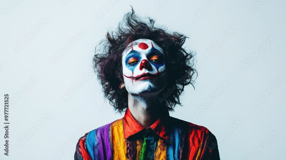 A creepy clown stands alone, showcasing a colorful costume and unsettling makeup A creepy clown stands alone, showcasing a colorful costume and unsettling makeup
