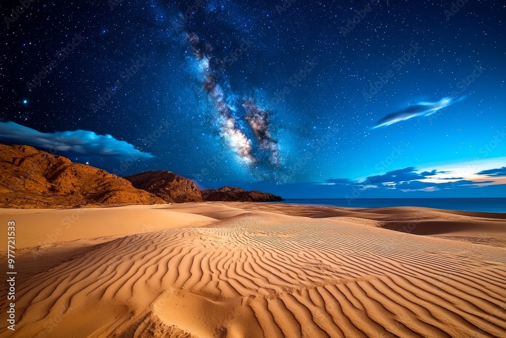 Naklejka premium Starry skies over a wind-swept desert, the stars shining brightly in the crystal-clear night