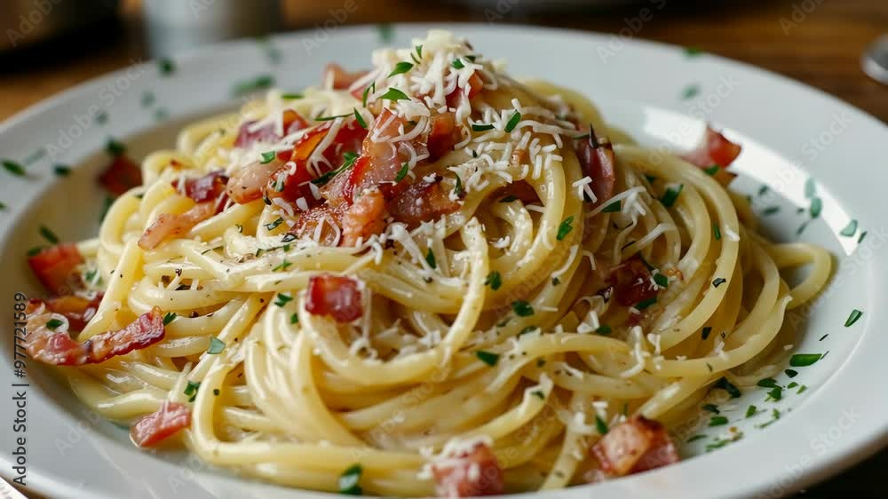 A close view of spaghetti with bacon and cheese served on a plate in an Italian restaurant setting A close view of spaghetti with bacon and cheese served on a plate in an Italian restaurant setting