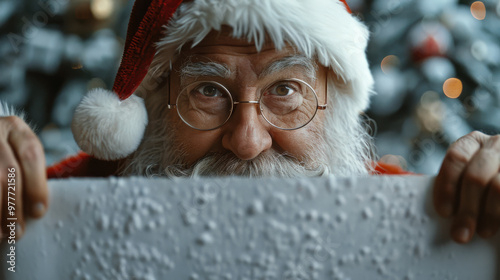 Happy Santa Claus holding empty advertising banner background with copy space. Smiling Santa Claus wearing glasses. Christmas theme, sales.