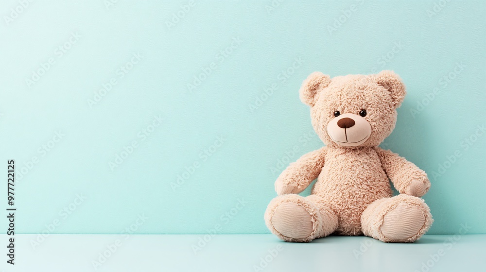 A soft plush teddy bear sitting on a pastel background with ample copy space A soft plush teddy bear sitting on a pastel background with ample copy space