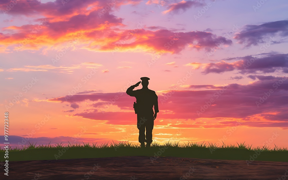 Generative-AI, Silhouette of a Soldier Saluting Against a Sunset, Clear Area for Text Generative-AI, Silhouette of a Soldier Saluting Against a Sunset, Clear Area for Text