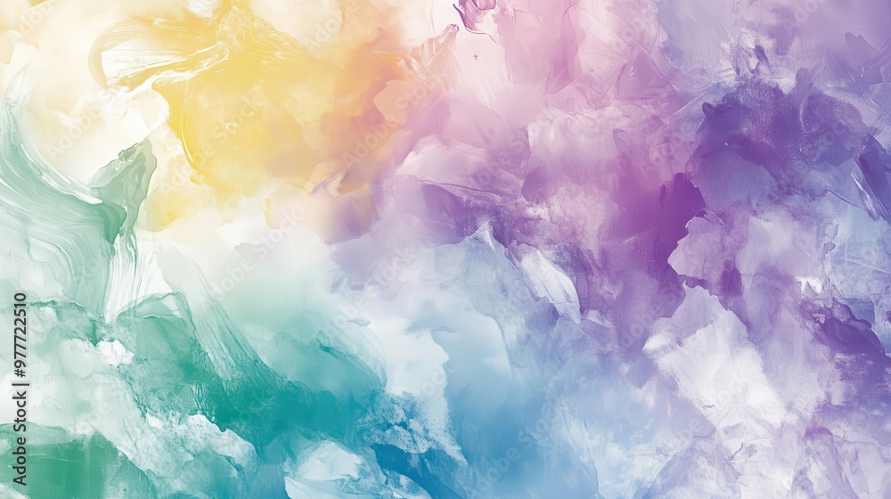 Fototapeta premium abstract digital artwork featuring a vibrant collage of watercolorlike textures in pastel hues blending soft purples blues greens and yellows in a dynamic fluid composition