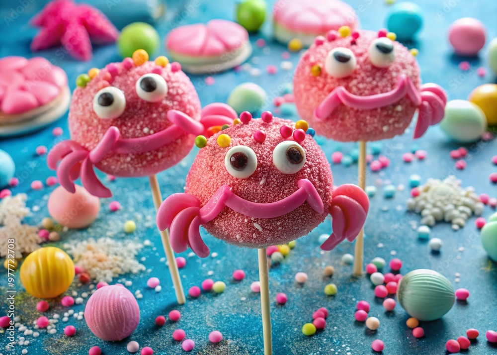 Vibrant pink crab-shaped candy lollipops with colorful sprinkles and glittery eyes sit atop a bed of pastel-colored Vibrant pink crab-shaped candy lollipops with colorful sprinkles and glittery eyes sit atop a bed of pastel-colored