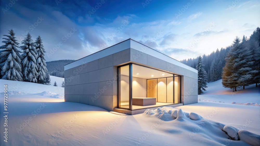 Modern, minimalist cube-shaped house covered in snow during winter Modern, minimalist cube-shaped house covered in snow during winter