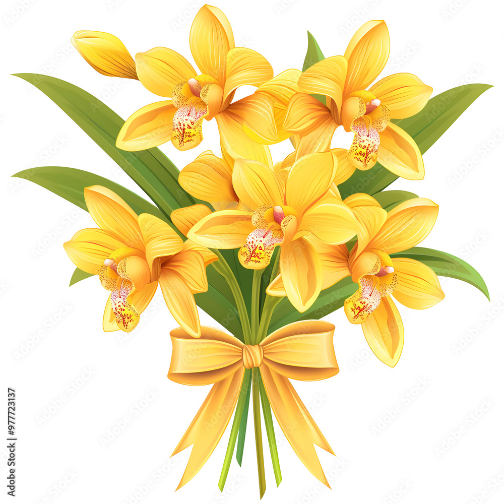 Naklejka premium Illustration of a yellow orchid bouquet tied with a ribbon, in a clipart PNG transparent background.