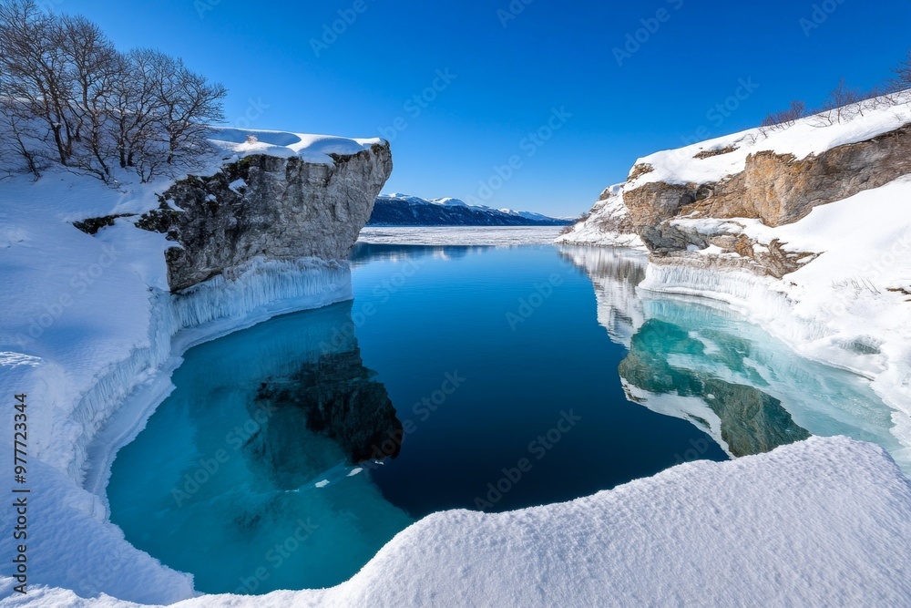 Winter nature landscape featuring snow-covered cliffs overlooking a tranquil, frozen fjord Winter nature landscape featuring snow-covered cliffs overlooking a tranquil, frozen fjord