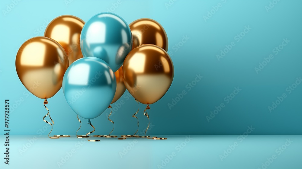 Blue and gold flying balloon on light blue background Blue and gold flying balloon on light blue background