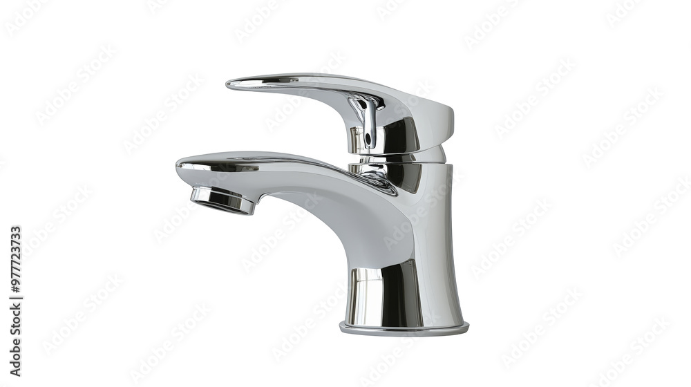 A sleek, modern chrome bathroom faucet with a single lever handle against a plain white background. A sleek, modern chrome bathroom faucet with a single lever handle against a plain white background.