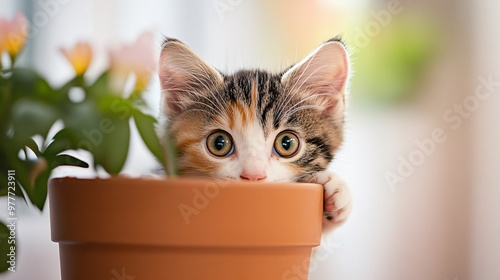 A playful bicolor kitten peeking out from behind a flower pot, with a soft light background providing a cozy atmosphere photo