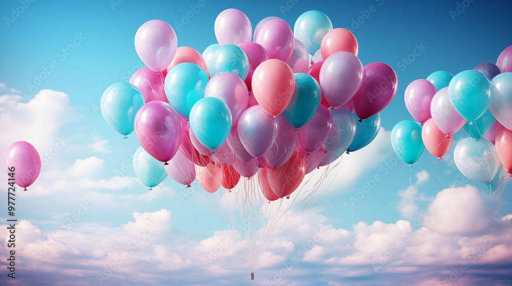 Blue, Violet and Turquoise Balloons Rising in the Air. Modern, Celebration Wallpaper. Blue, Violet and Turquoise Balloons Rising in the Air. Modern, Celebration Wallpaper.