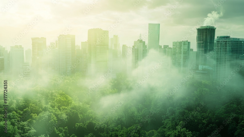 Fototapeta premium City Skyline with Fog and Trees.