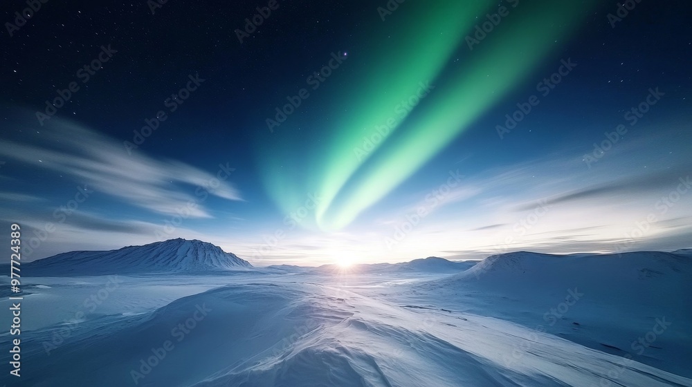 South Pole landscape, aurora radiant glow, silent night. South Pole landscape, aurora radiant glow, silent night.