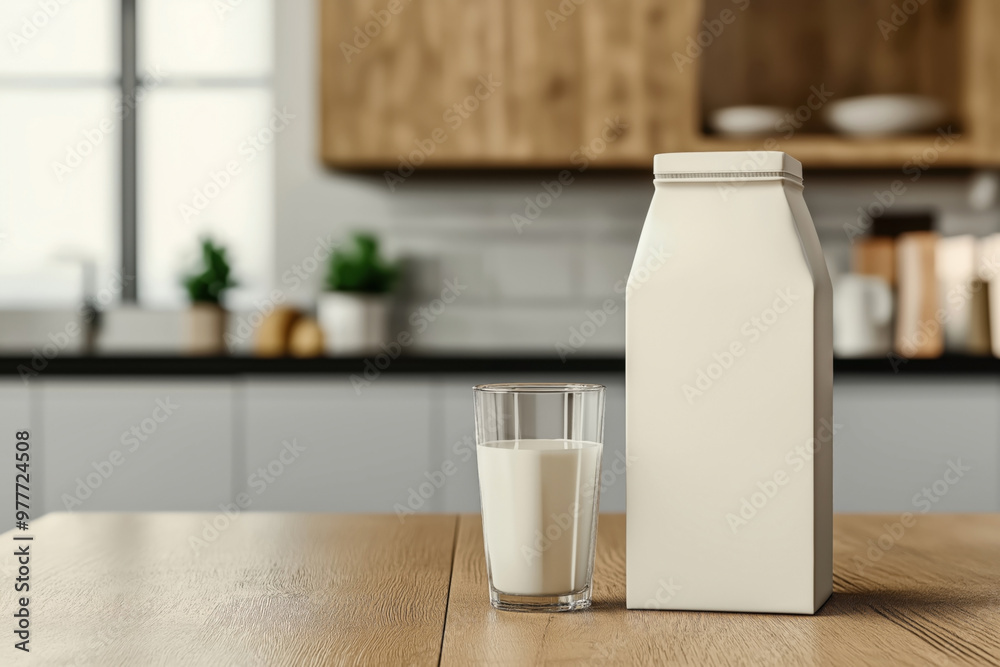Clean and minimalistic scene of a kitchen with a blank milk carton mockup and a glass of milk on a wooden tabletop. The background includes a modern styled kitchen. Clean and minimalistic scene of a kitchen with a blank milk carton mockup and a glass of milk on a wooden tabletop. The background includes a modern styled kitchen.